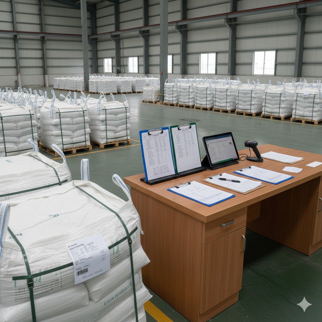 Bulk kaolin bags and procurement documents in a warehouse